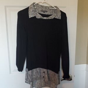 Adrianna Papell Black and Cream Blouse with Patterned Accents